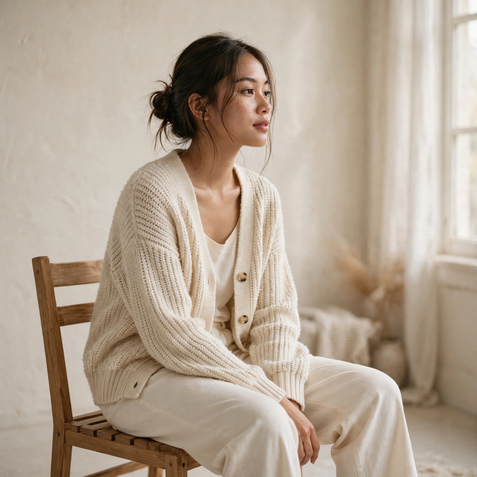 Model dengan cardigan knit cream
